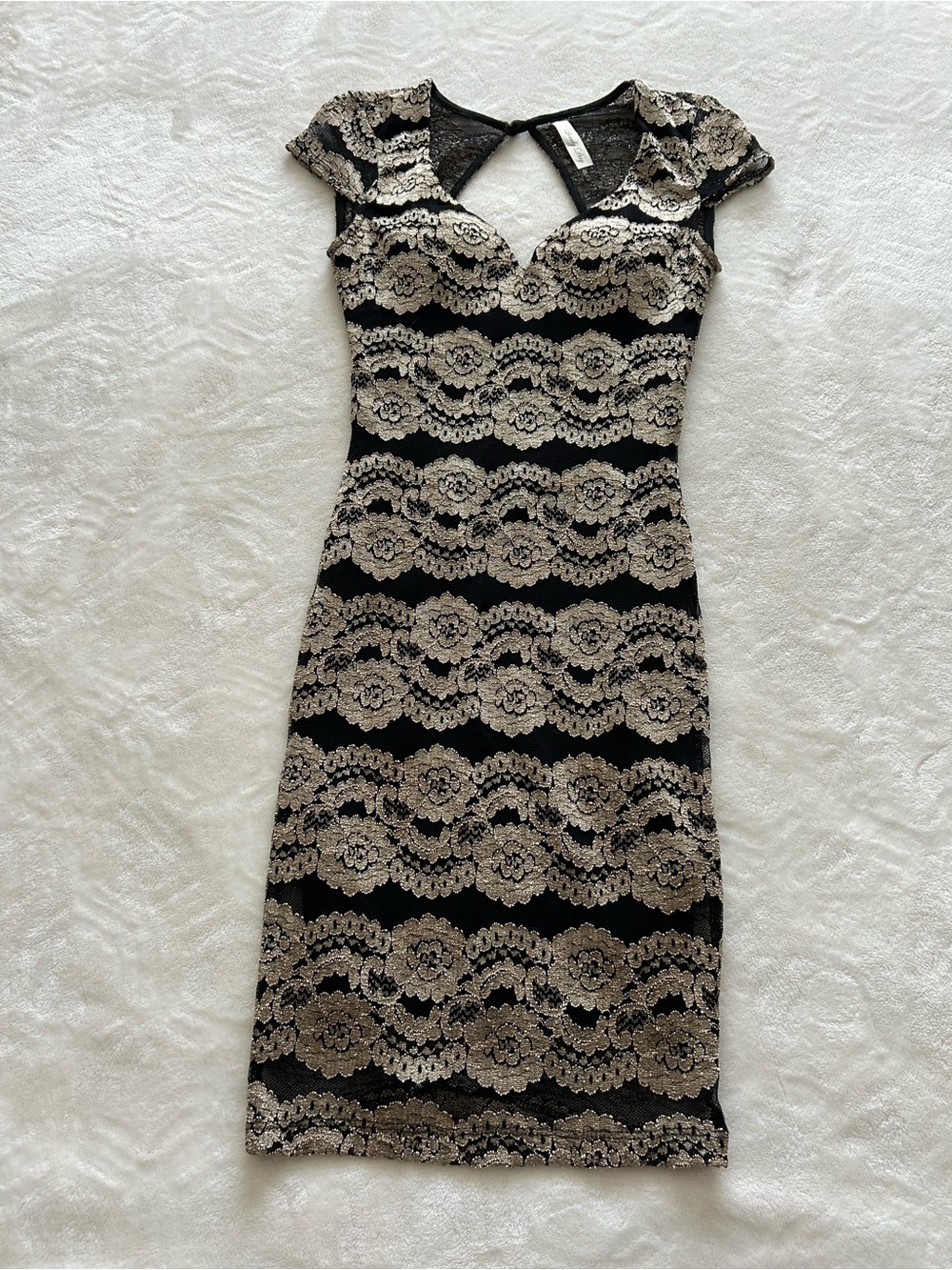 Lovely Day Gold and Black Bodycon Midi Cap Sleeve Dress